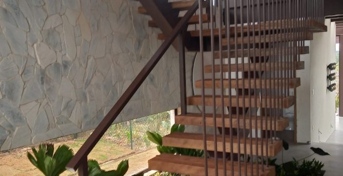 Escada de madeira com plantas em volta