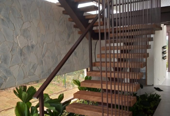 Escada de madeira com plantas em volta